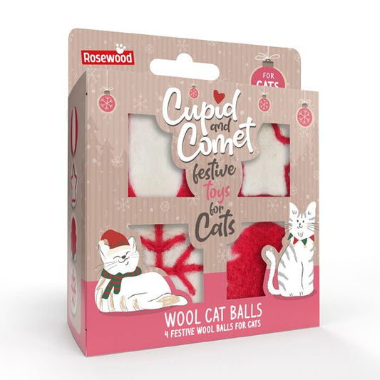 Cupid & Comet 4 Pack Festive Wool Cat Ball Toys