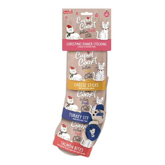 Cupid and Comet Christmas Dinner Cat Stocking with Toy