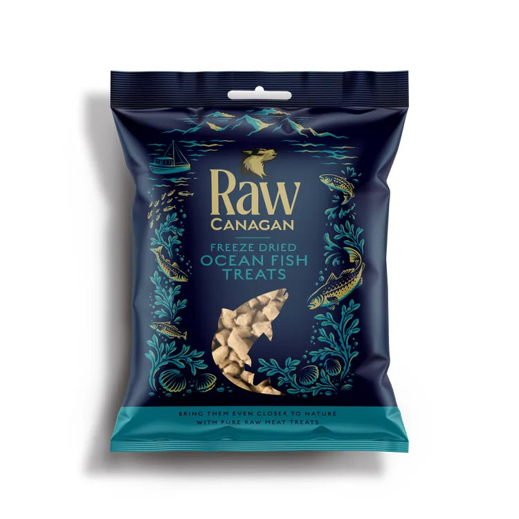 Front View of Canagan Raw Freeze Dried Ocean Fish Dog Treats - Dark Blue Packet