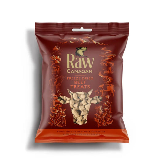 Front View of Canagan Raw Freeze Dried Beef Dog Treats - Bright Red Packet