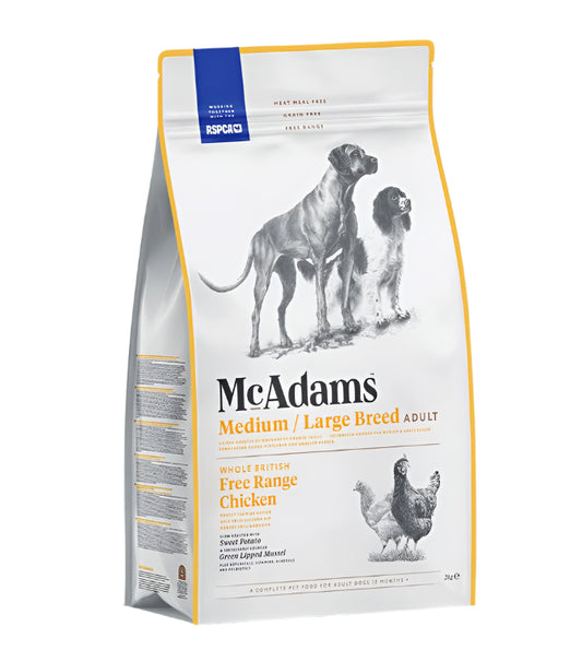 A bag of McAdams Free-Range Chicken Dog Food for Medium and Large Breeds – Grain-Free, Natural Protein, Ethical Sourced Chicken from RSPCA Assured Farms